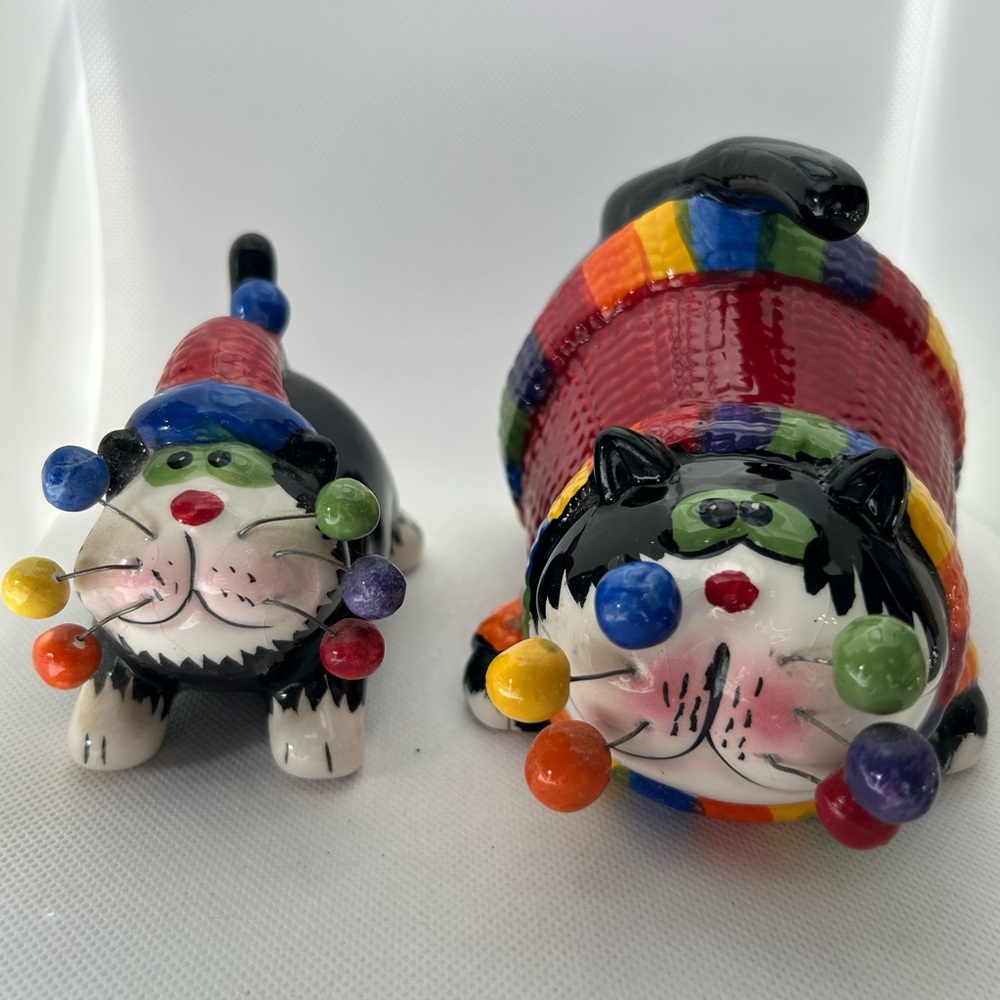 Amy Lacombe Cat Figurines Ceramic Multi Color Rainbow Sweater Fat Lot of 2